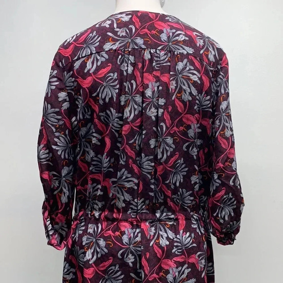 Rebecca Taylor Midi Dress Pure Silk Drawstring Waist Pockets Floral Maroon 4  - Picture 5 of 11